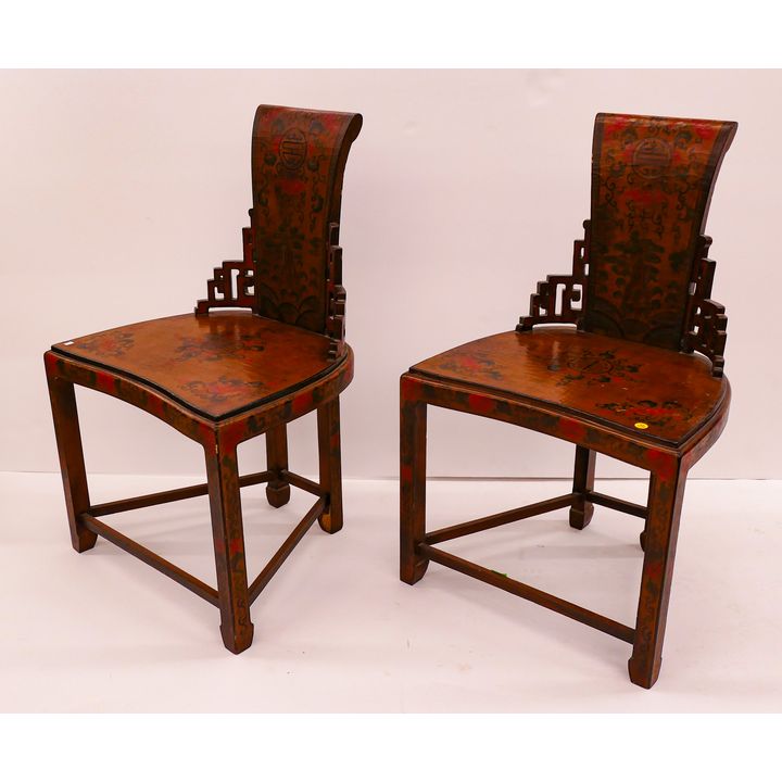 Pair Chinese Decorated Lacquer Bat & Shou Chairs- 33x20x16''