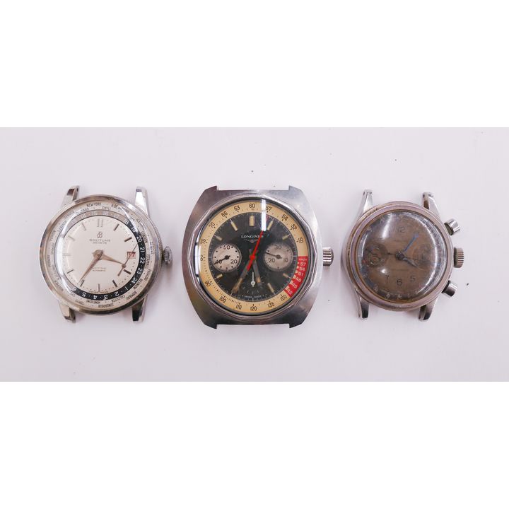 3pc Vintage Mens Wrist Watches. Includes Breitling Unitime World Clock