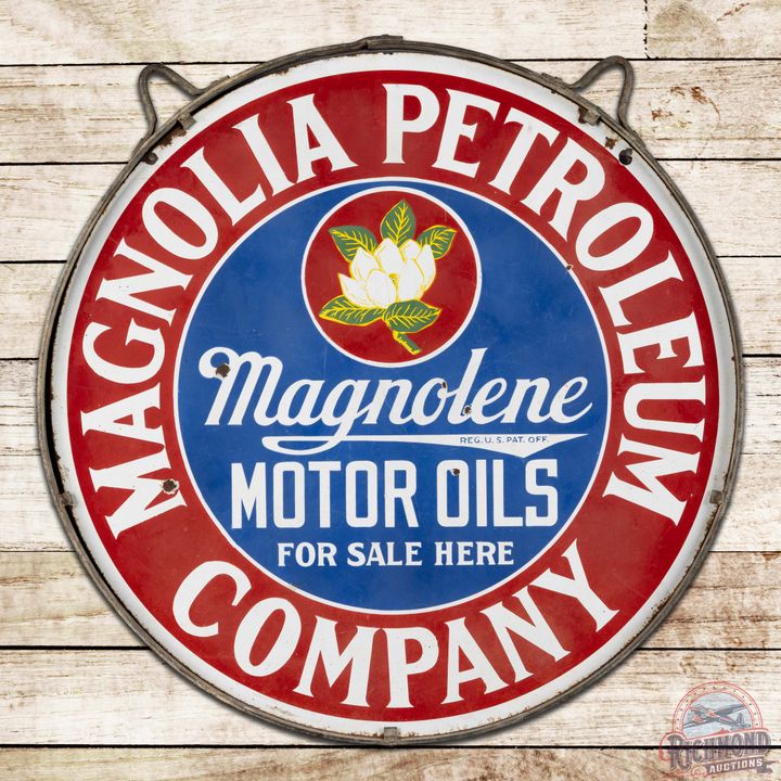 Magnolia Petroleum Company Motor Oils 30" Double Sided Porcelain Sign w/ Ring "Single Flower Logo"