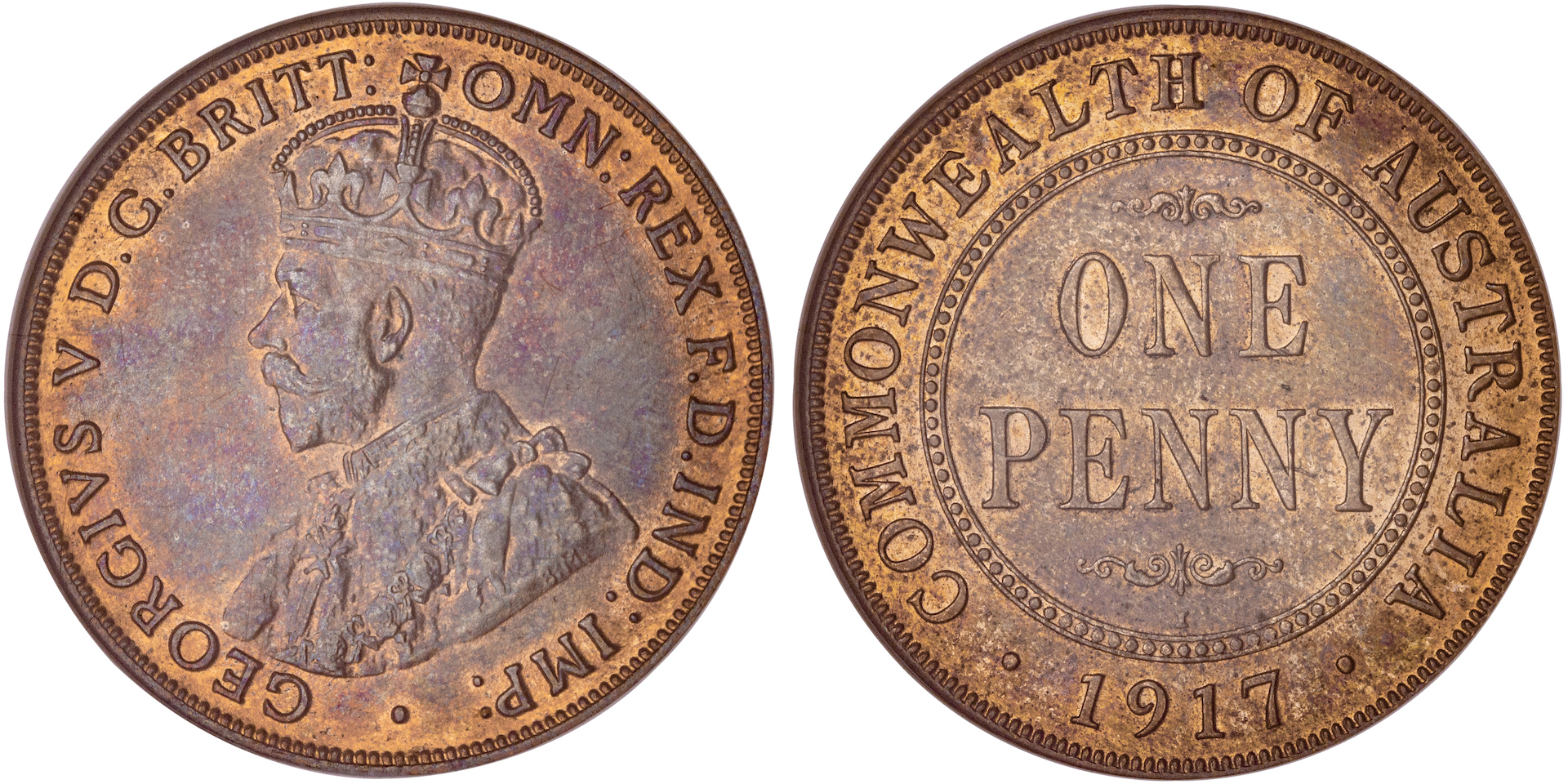 George V, Penny, 1917-I, NGC MS 63RB