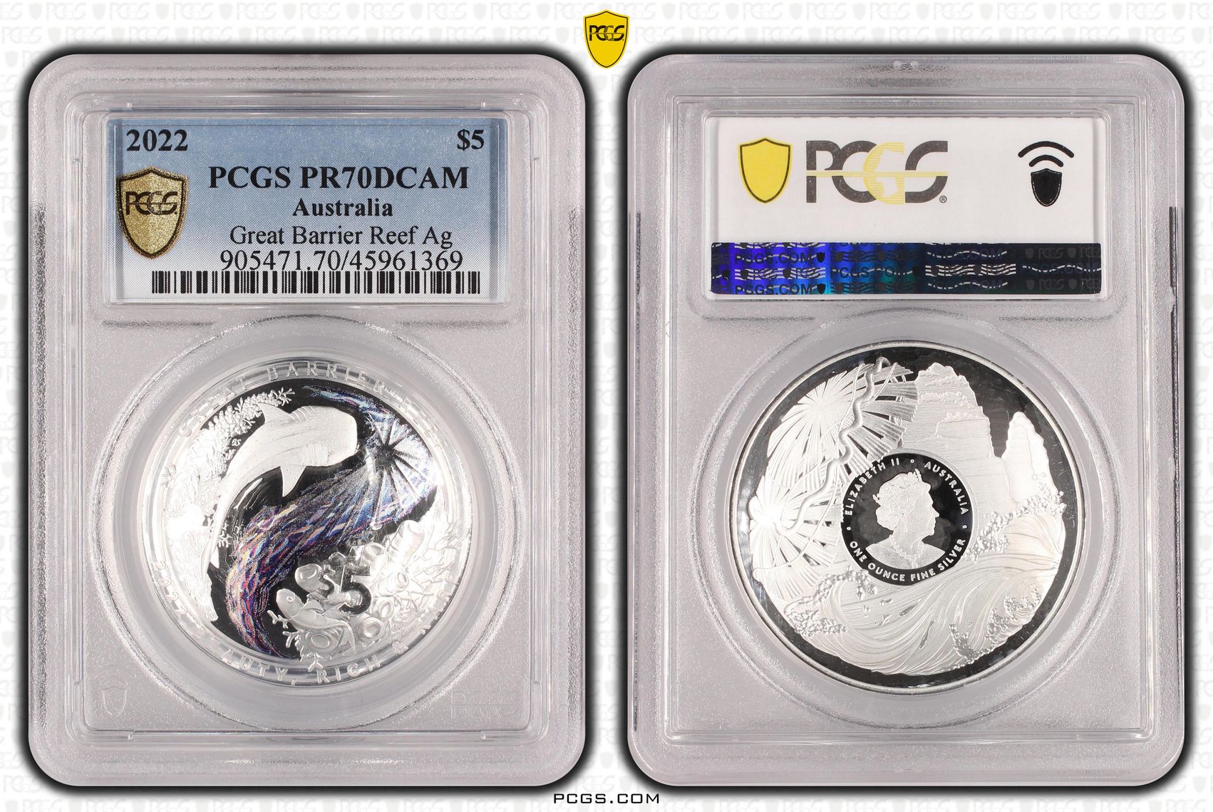 Great Barrier Reef Ag Colorized, Five Dollar, 2022, PCGS PR70DCAM