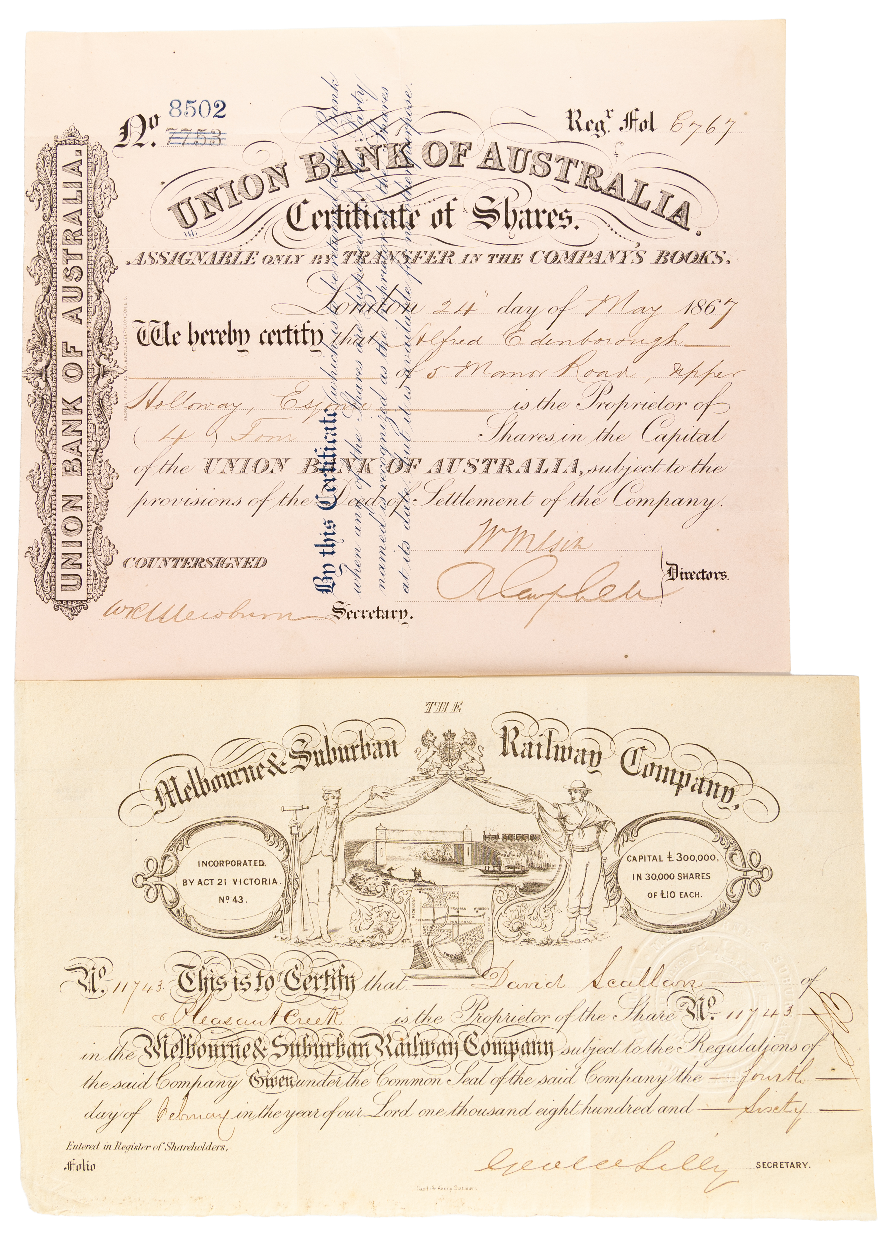 Early Australian Share Certificates, 1860 - 1867, VF
