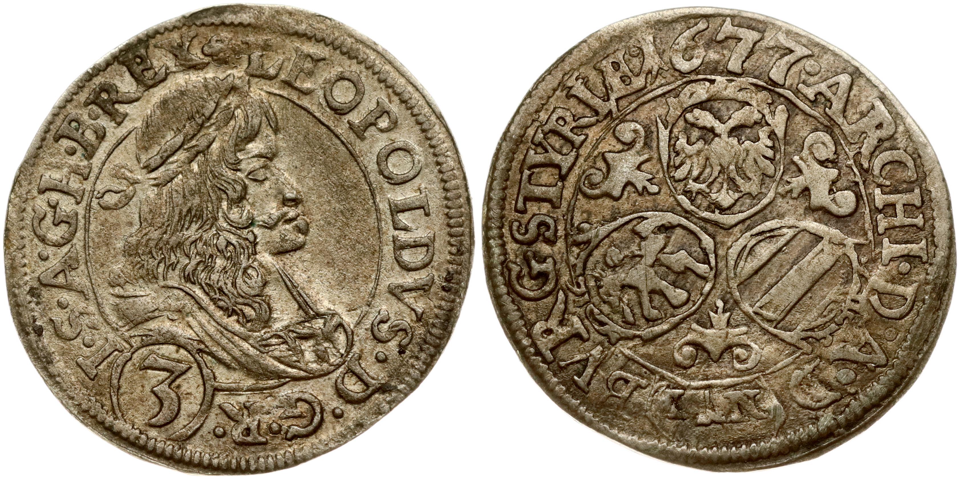 AUSTRIAN KRISTALL 53177 レア Austria 3 Kreuzer 1677 IAN | Numisbalt