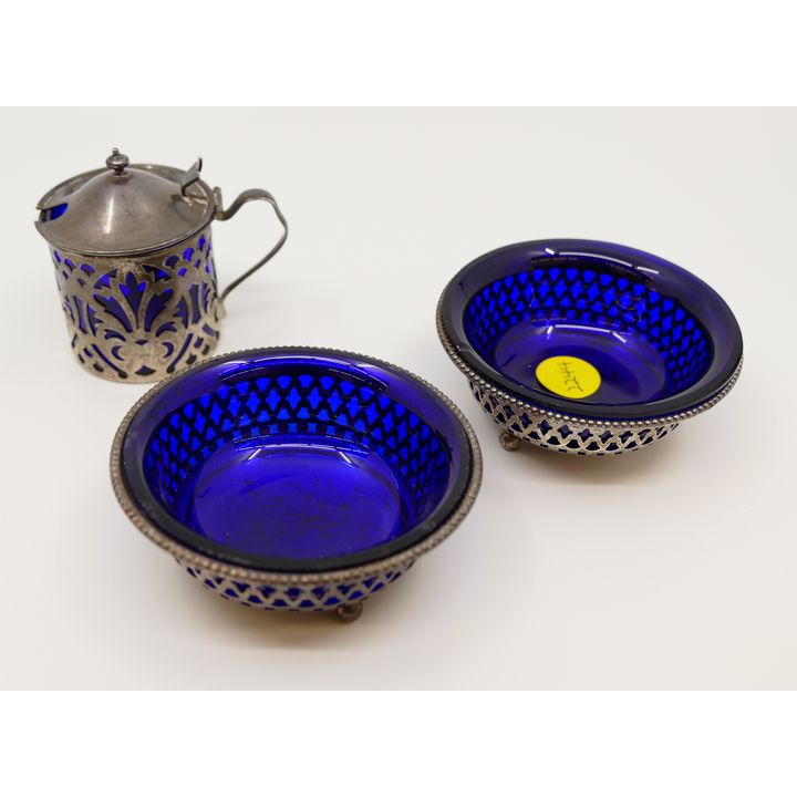 3pc Sterling Cobalt Glass Lined Master Salts Etc- 115g Silver Only