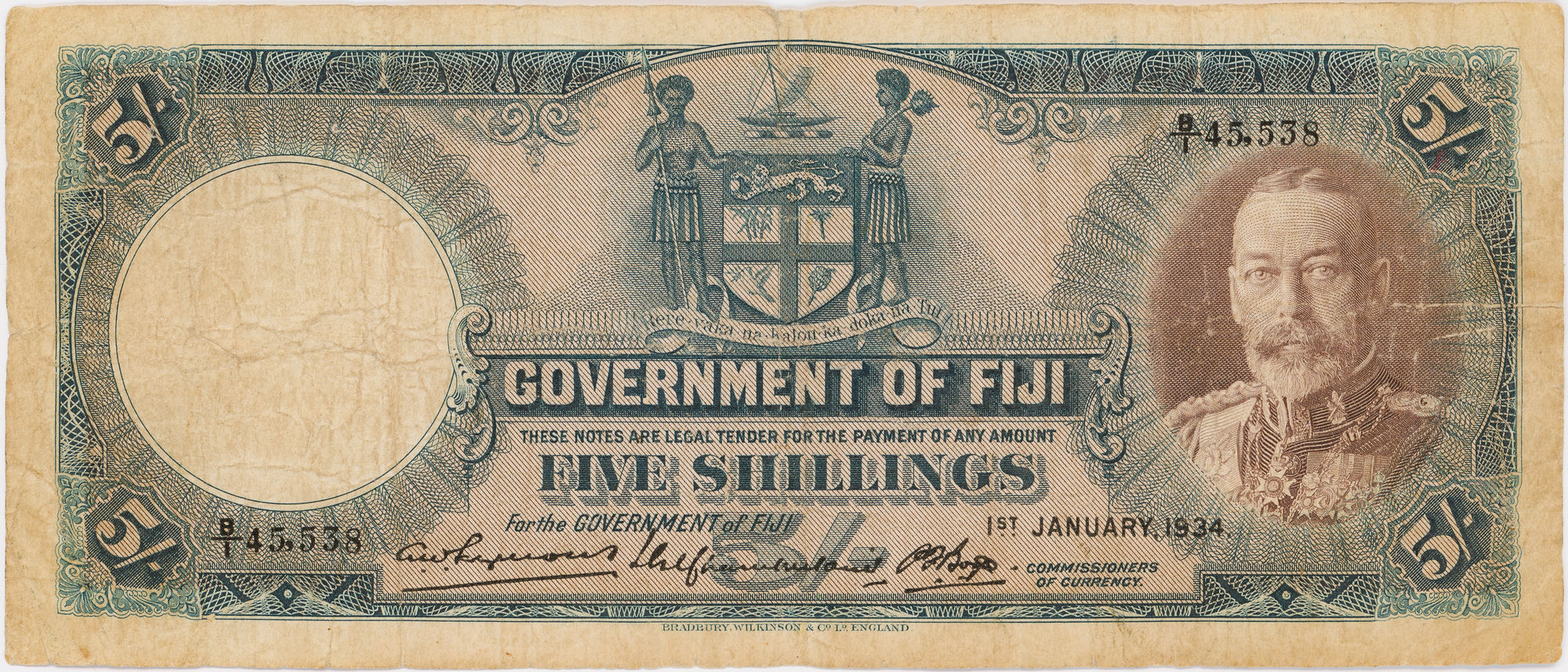 Fiji, George V, Five Shillings, 1934, aFine