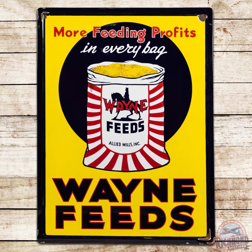 Wayne Feeds More Feeding Profits SS Porcelain Sign w/ Logo