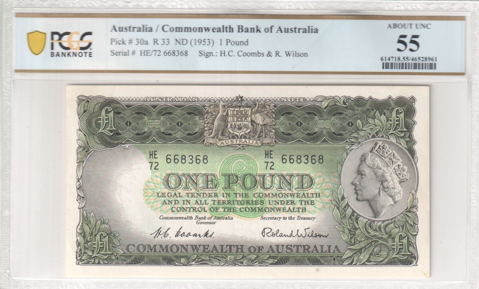 Coombs/Wilson, One Pound, 1953, PCGS About UNC 55