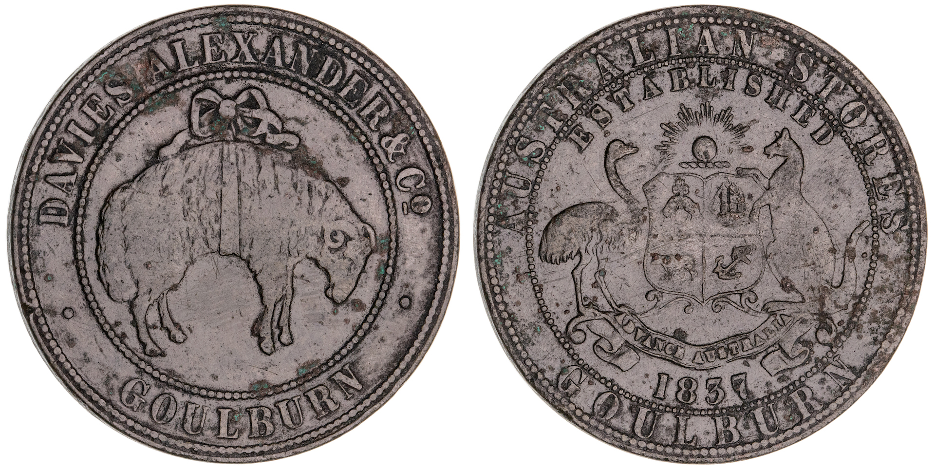 Goulburn, NSW, Davies Alexander & Co, Penny, 1837, VF