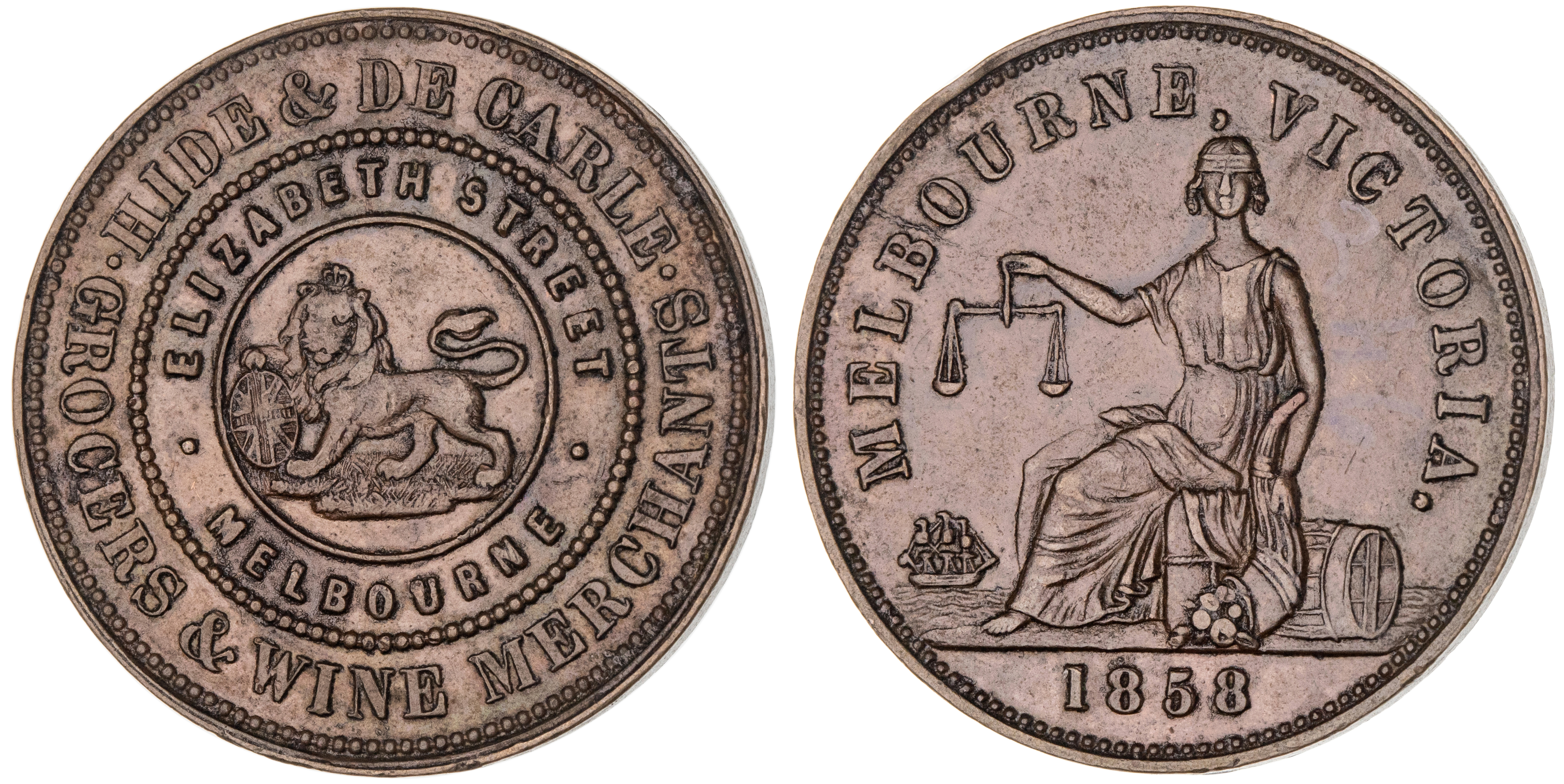 Melbourne, Victoria, Hide & De Carle, Halfpenny, 1858, EF