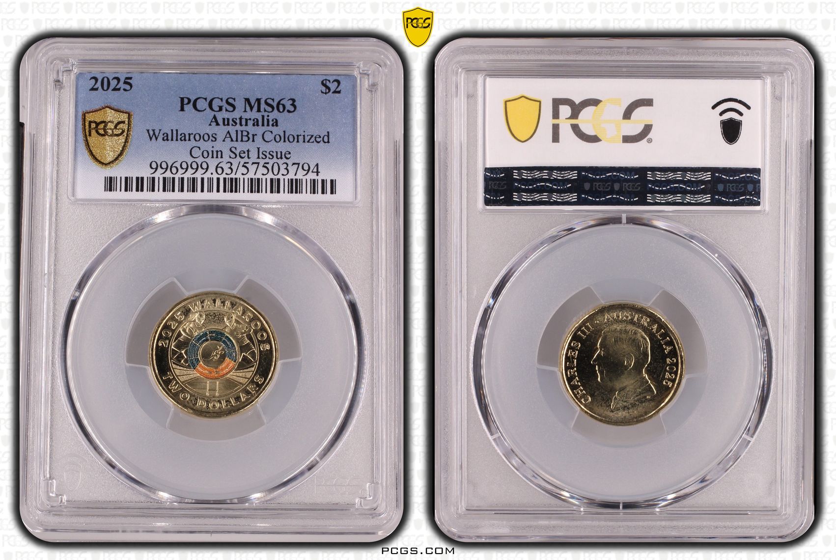 Wallaroos AlBr Colourised Coin Set Issue, Two Dollar, 2025, PCGS MS63