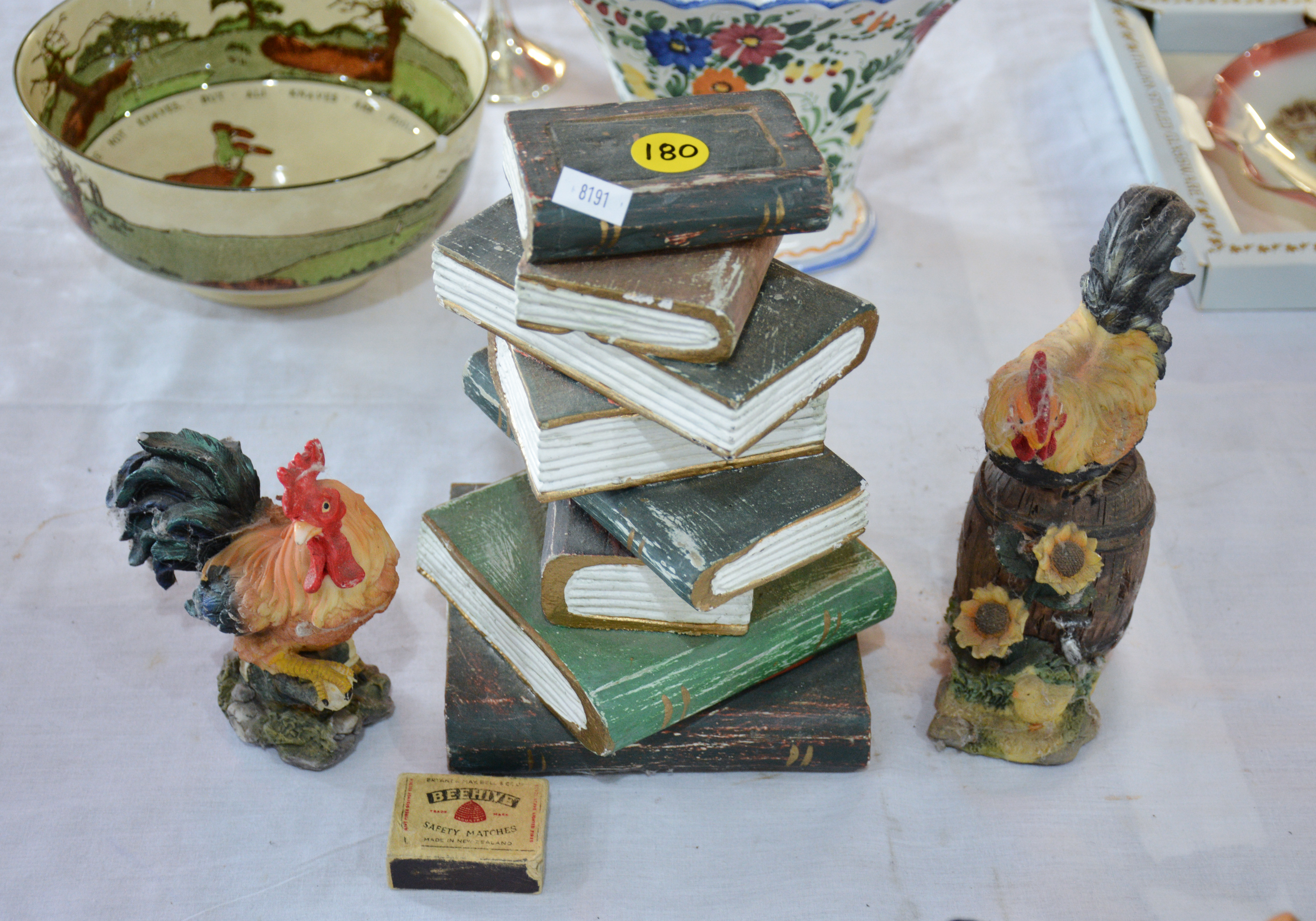 Chicken Ornaments x 2 and Book-Stack Ornament — sold at auction in New Zealand for $10