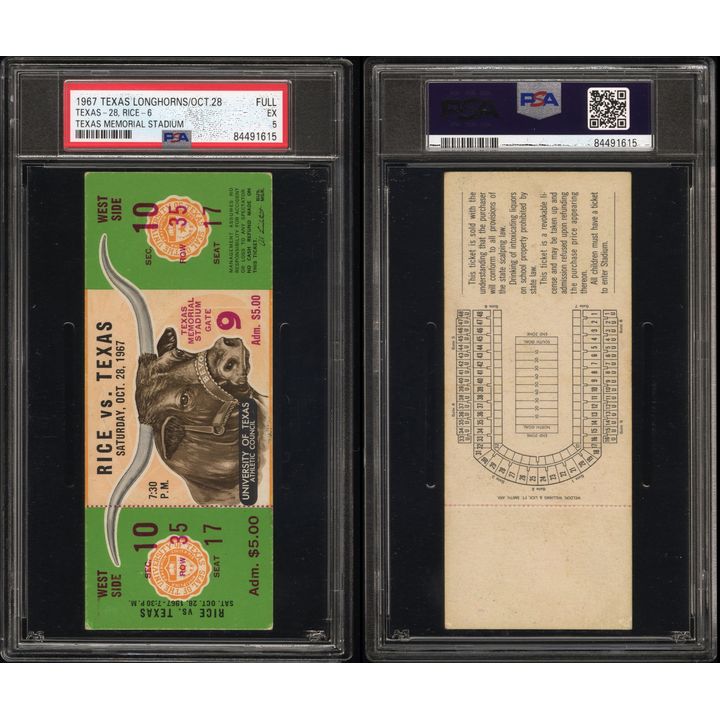 United States, Rice vs Texas Grid Iron Ticket, 1967, PSA
