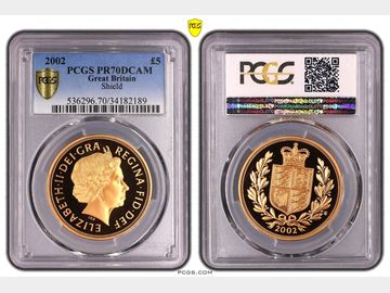 2002 SHIELD PROOF GOLD 5 POUND COIN PR70 DCAM TOP POP!