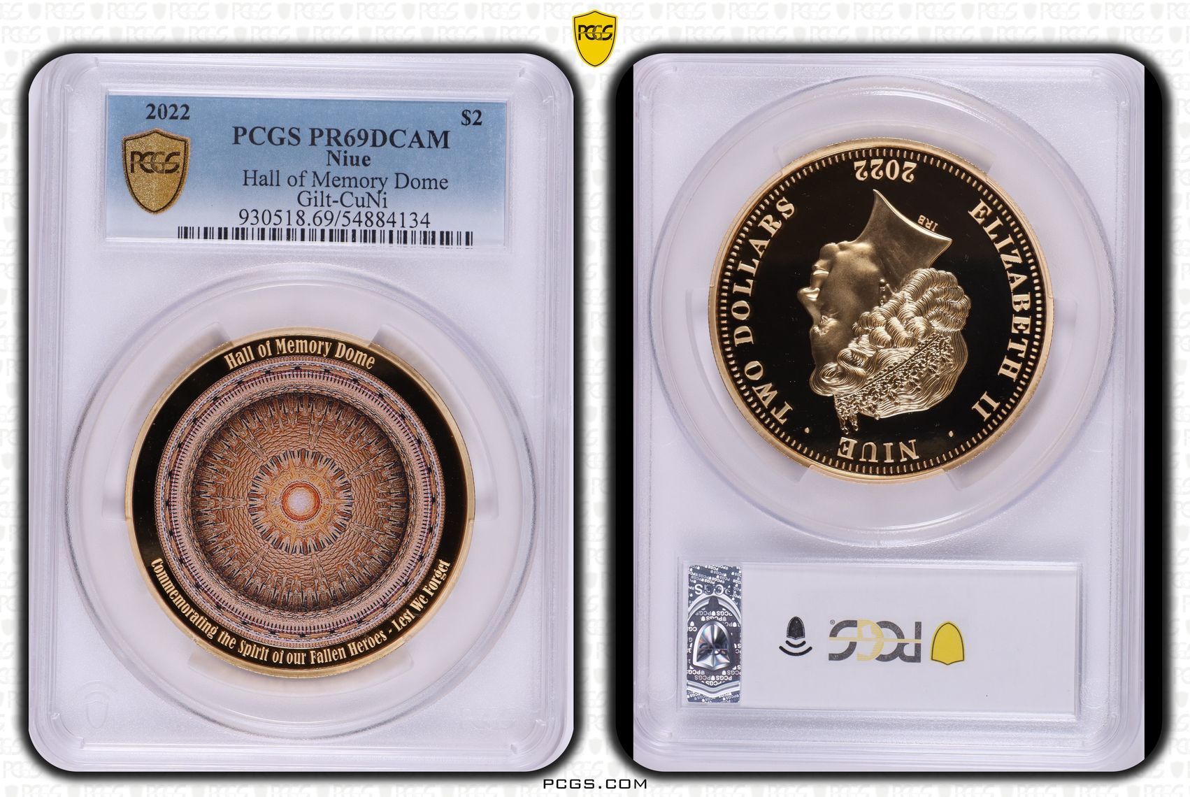 Niue, Hall of Memory Dome Gilt-CuNi, Two Dollar, 2022, PCGS PR69DCAM