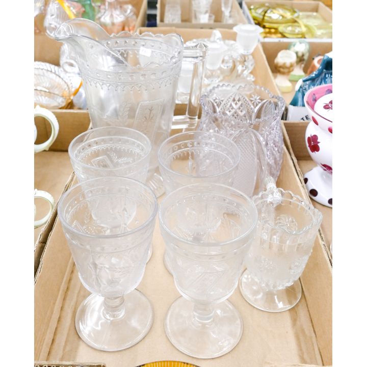 Box 7pc Vintage Decorated Glass Pitcher Etc.