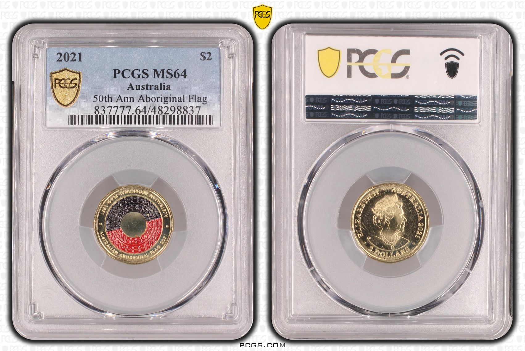 50th Ann Aboriginal Flag Colourised, Two Dollar, 2021, PCGS MS64