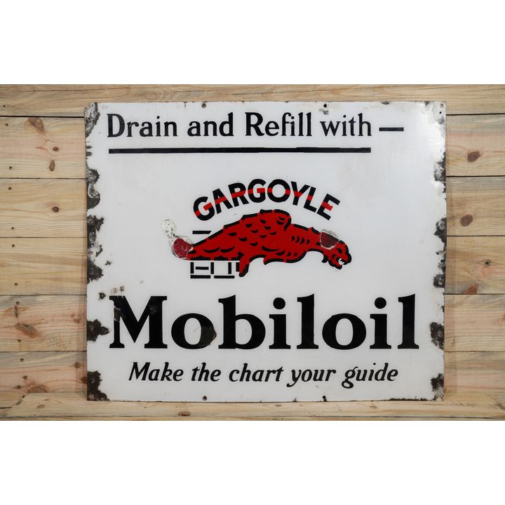 Drain & Refill w/ Gargoyle Mobiloil Single Sided Porcelain Sign TAC 6.75