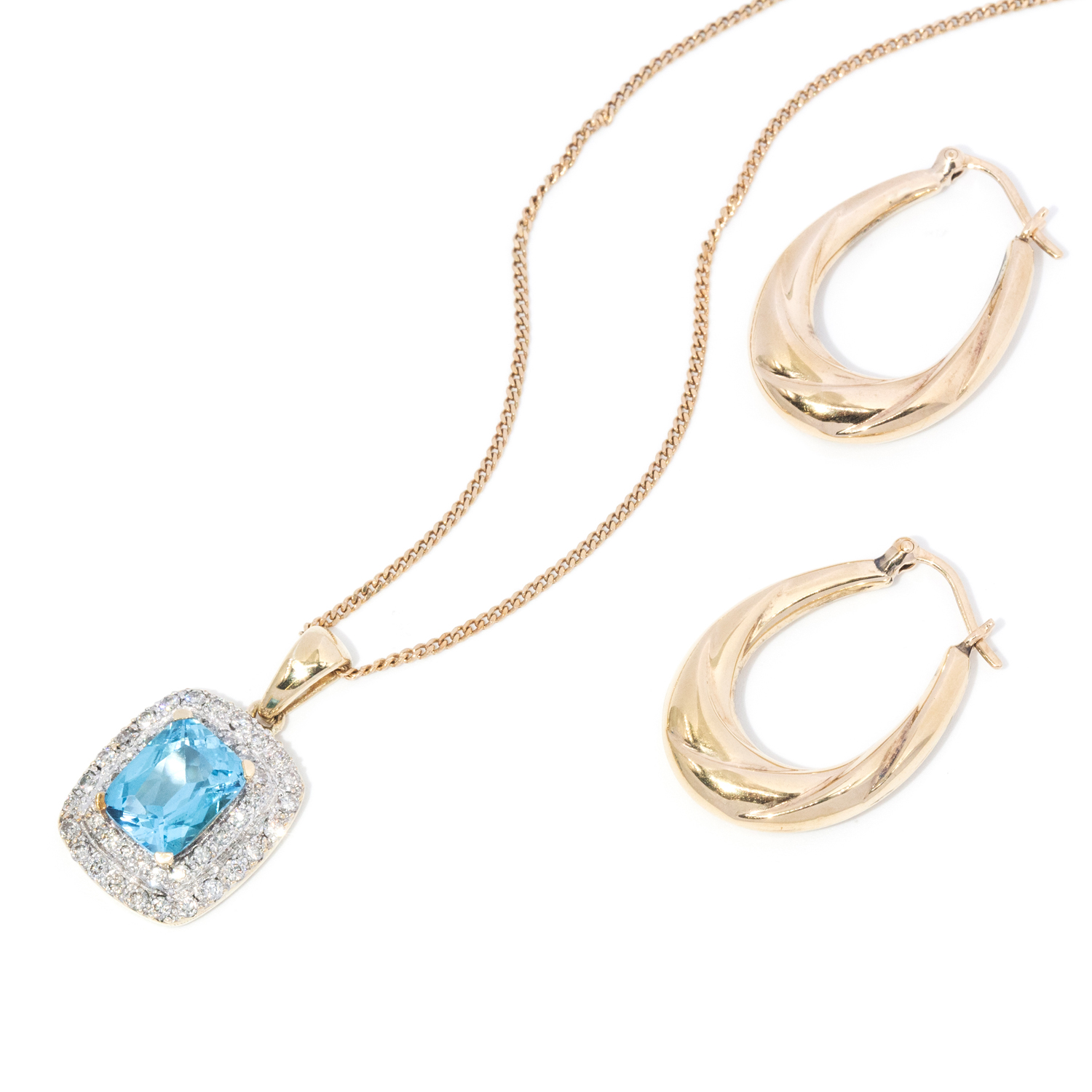 9 carat gold earrings and topaz & diamond pendant
