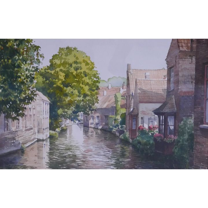 European Canal Scene Watercolor. Looks to be signed Vaserre.