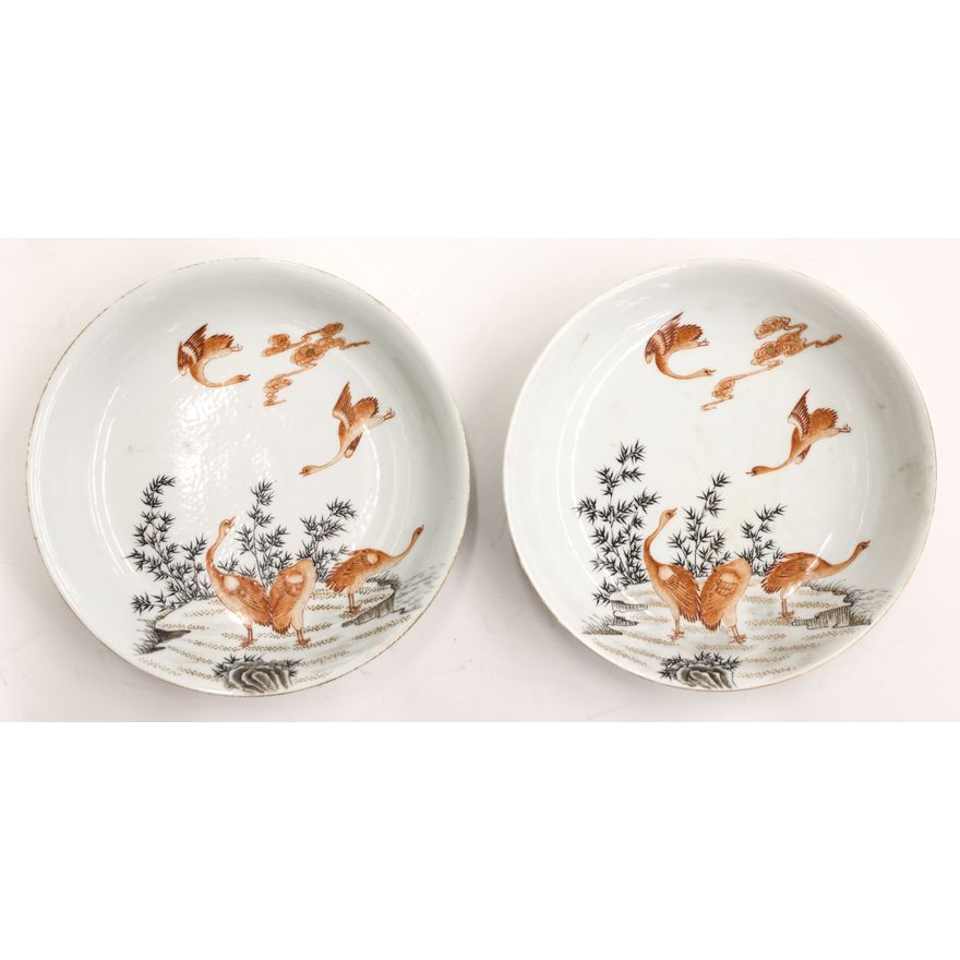Pair Chinese Grisaille Geese Porcelain Dishes