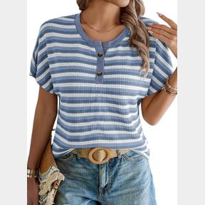 SHEWIN WOMEN'S TOPS CASUAL CREWNECK STRIPED WAFFLE KNIT BUTTON HALF PLACKET SHORT SLEEVE T-SHIRTS BLOUSES SZ 2XLG