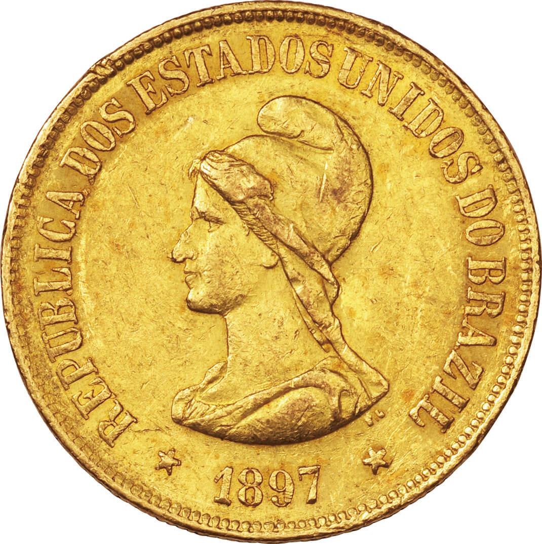ブラジル-Brazil. 1897. Gold. 20000レイス(Reis). 美. VF. 自由の女神 
