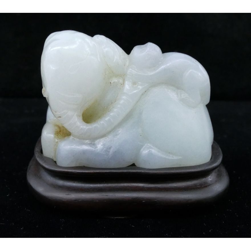 Chinese Grey Jade Elephant and Monkey on Stand