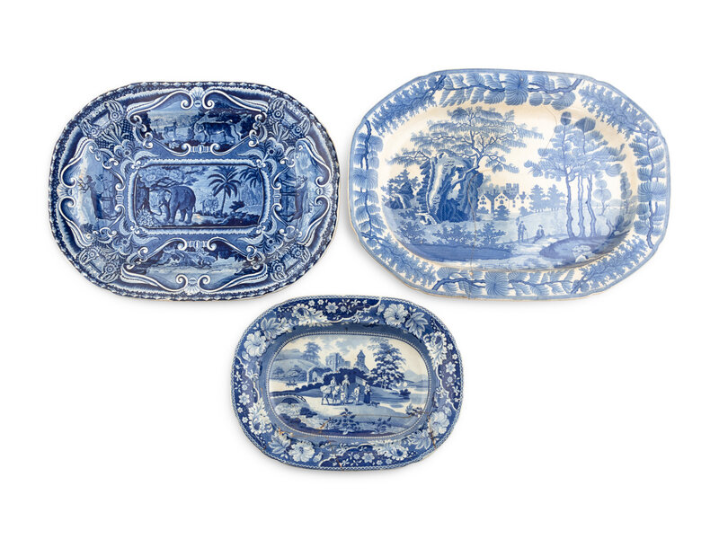 Three Blue Staffordshire Platters