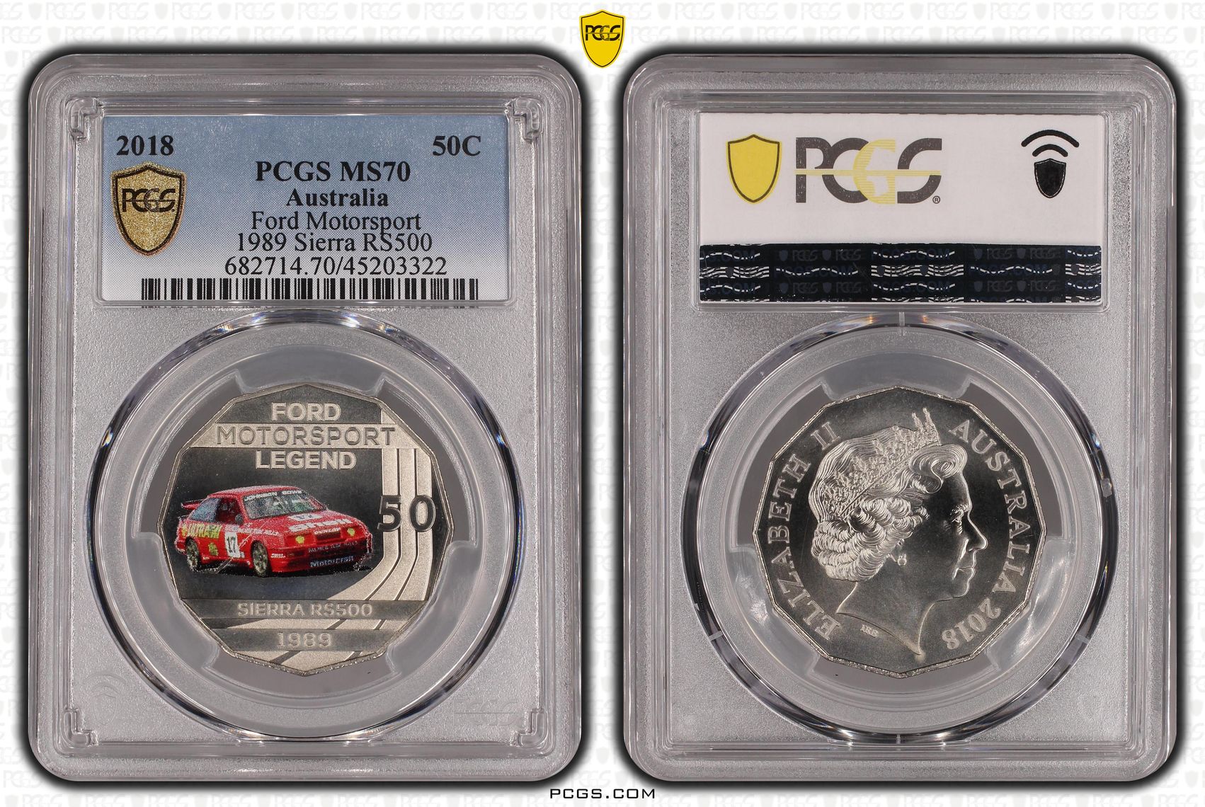 2018 Australia Fifty Cent, 50c Ford Motorsport - 1989 Sierra RS500 PCGS - MS70 POP 1/0 -322