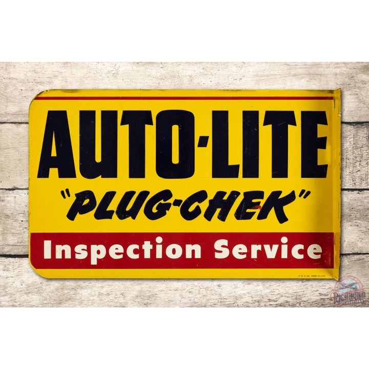 NOS Auto-Lite Plug Chek Inspection Service Tin Flange Sign