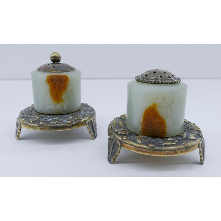 Pair Chinese Qing Jade Thumb Ring Silver Salts