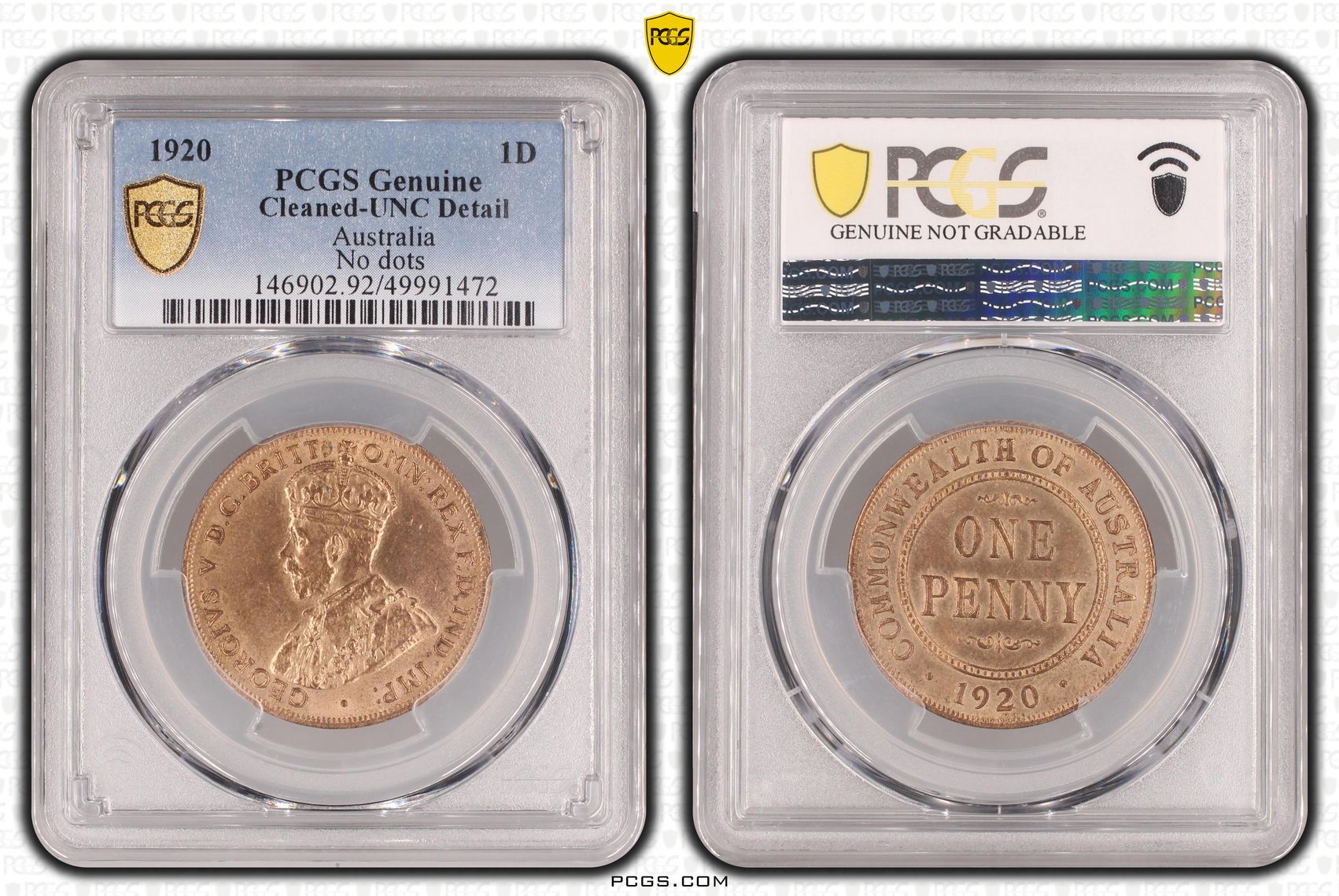 George V, Penny, 1920, PCGS Genuine Cleaned-UNC Detail