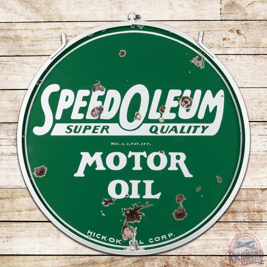 Rare Speedoleum Super Quality Motor Oil 30" Double Sided Porcelain Sign w/ Ring