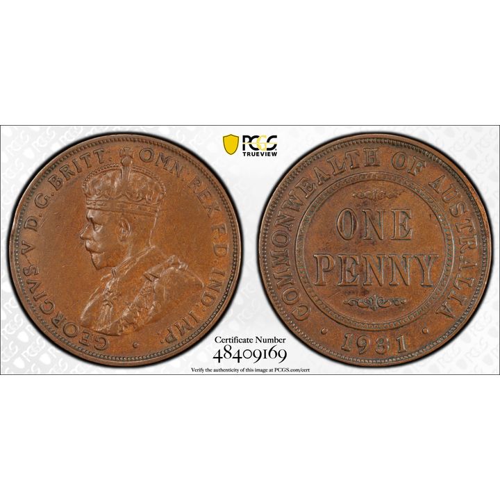 English obverse, Dropped 1, One Penny, 1931, PCGS AU50BN