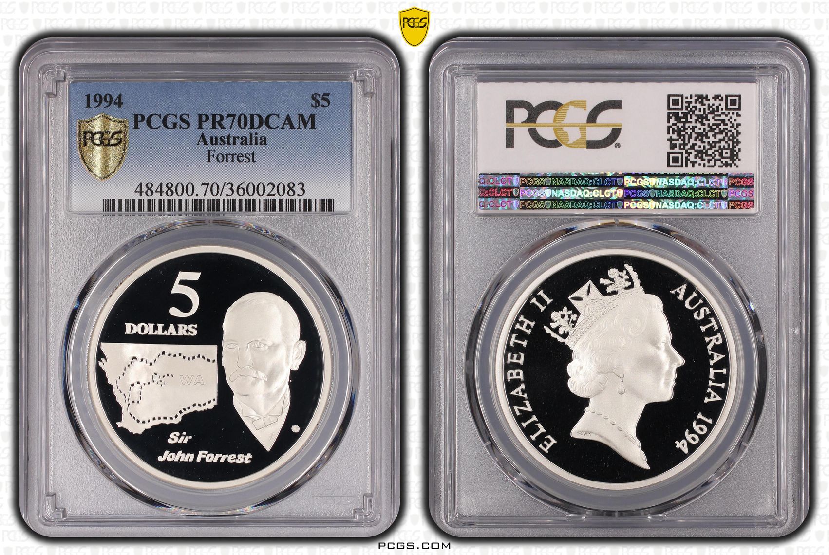 Sir John Forrest - Australian Explorers POP 15/0, Five Dollar, 1994, PCGS PR70DCAM