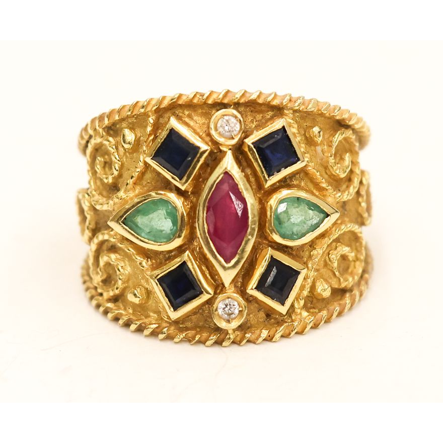 Greek 18k Ruby Emerald Sapphire Diamond Ring