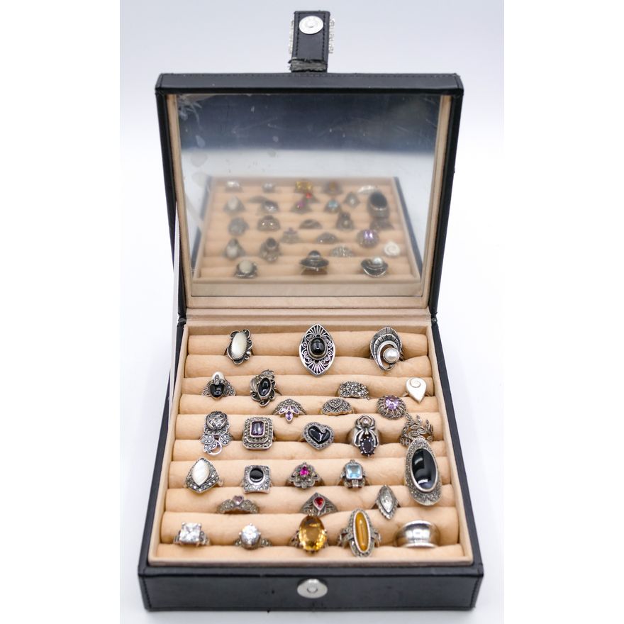 Display 28pc Sterling Marcasite & Stone Rings Assorted