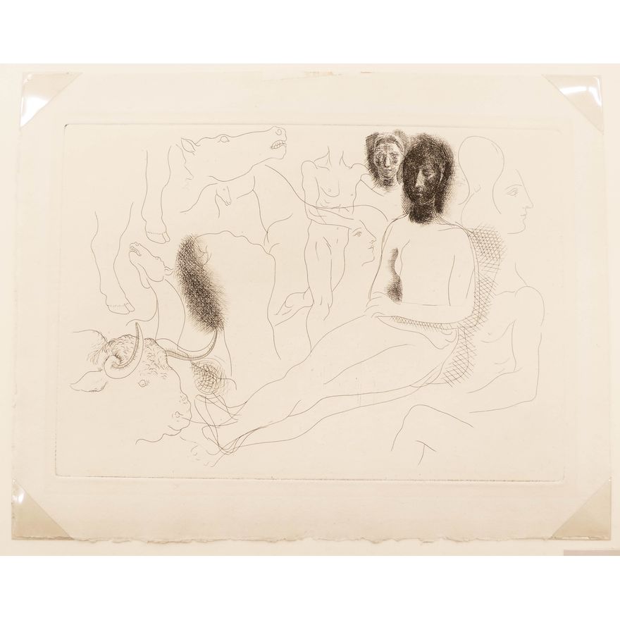 Picasso "Nu Assis Entoure d'Esquisses de Betes" 1931 Etching Matted 16x20"