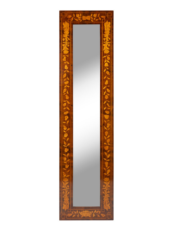 A Dutch Marquetry Walnut Framed Pier Mirror
Height 68 3/4 x width 17 1/2 inches.