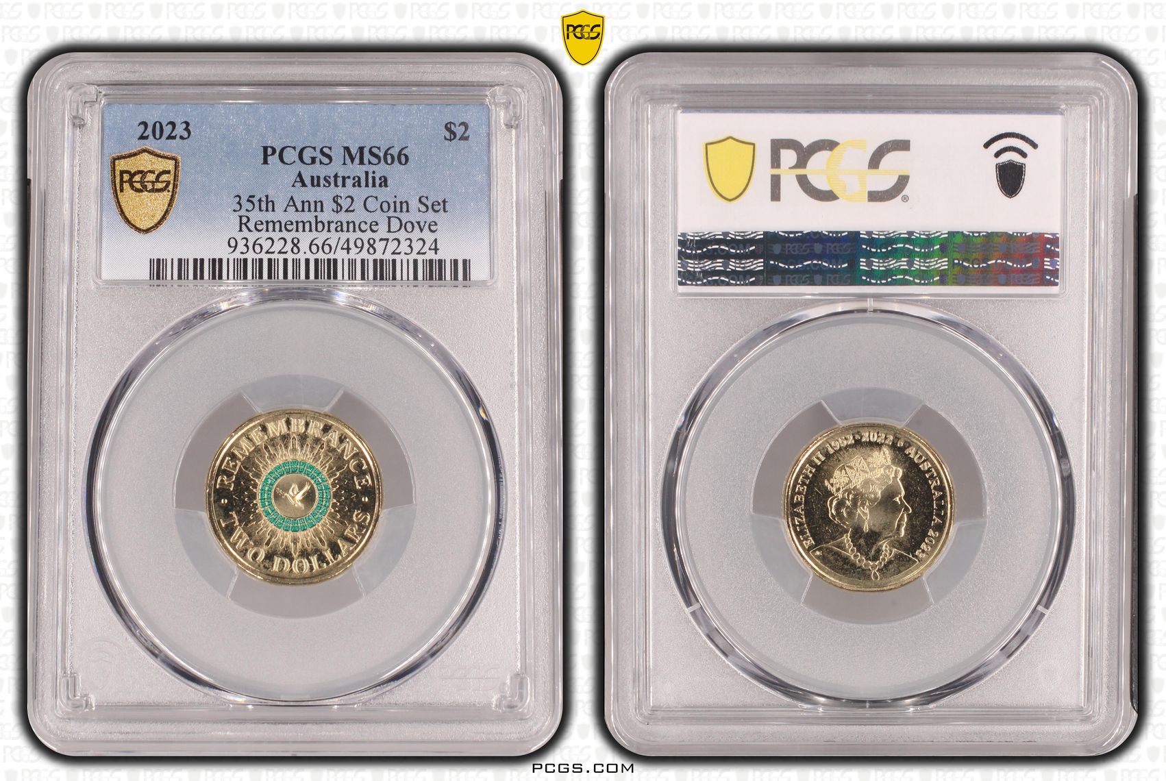 35th Ann $2 Coin Set Colourised Remembrance Dove, Two Dollar, 2023, PCGS MS66
