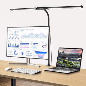 DESK LAMP WITH CLAMP, EYE-CARING DESK LIGHT WITH 50 LIGHTING MODES, WIDE DOUBLE HEAD, ADJUSTABLE ARCHITECT LIGHT FLEXIBLE GOOSENEC