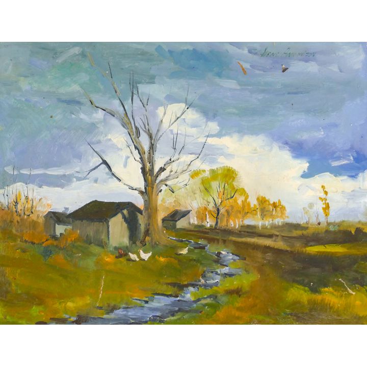 Gene Amondson ''Landscape with Chickens'' Oil on Masonite 16''x20''