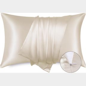 BEDSURE SATIN PILLOWCASE FOR HAIR - BEIGE SATIN PILLOW CASES STANDARD SIZE WITH ZIPPER 2 PACK, SIMILAR TO SILK PILLOW CASES FOR SK
