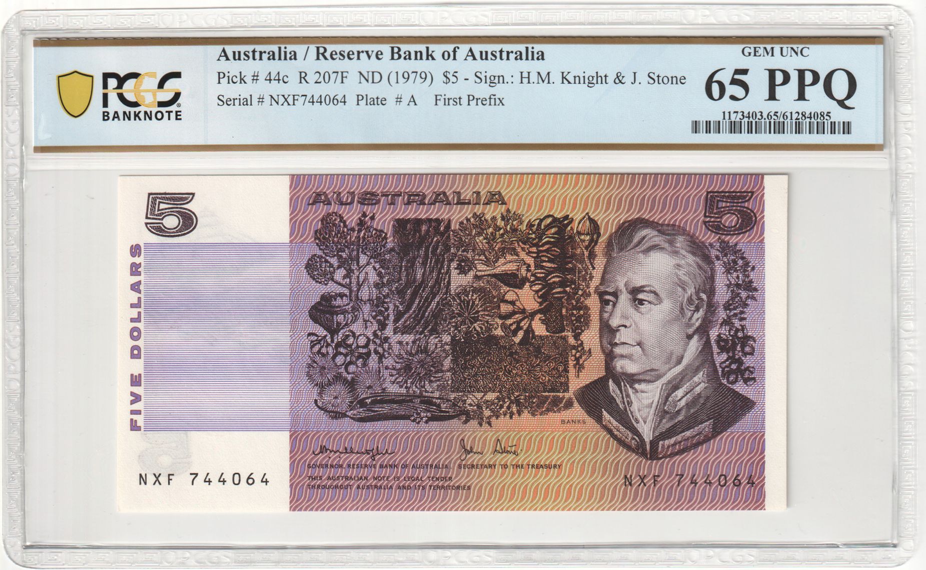 Knight/Stone, First Prefix, Five Dollars, 1979, PCGS Gem UNC 65 PPQ