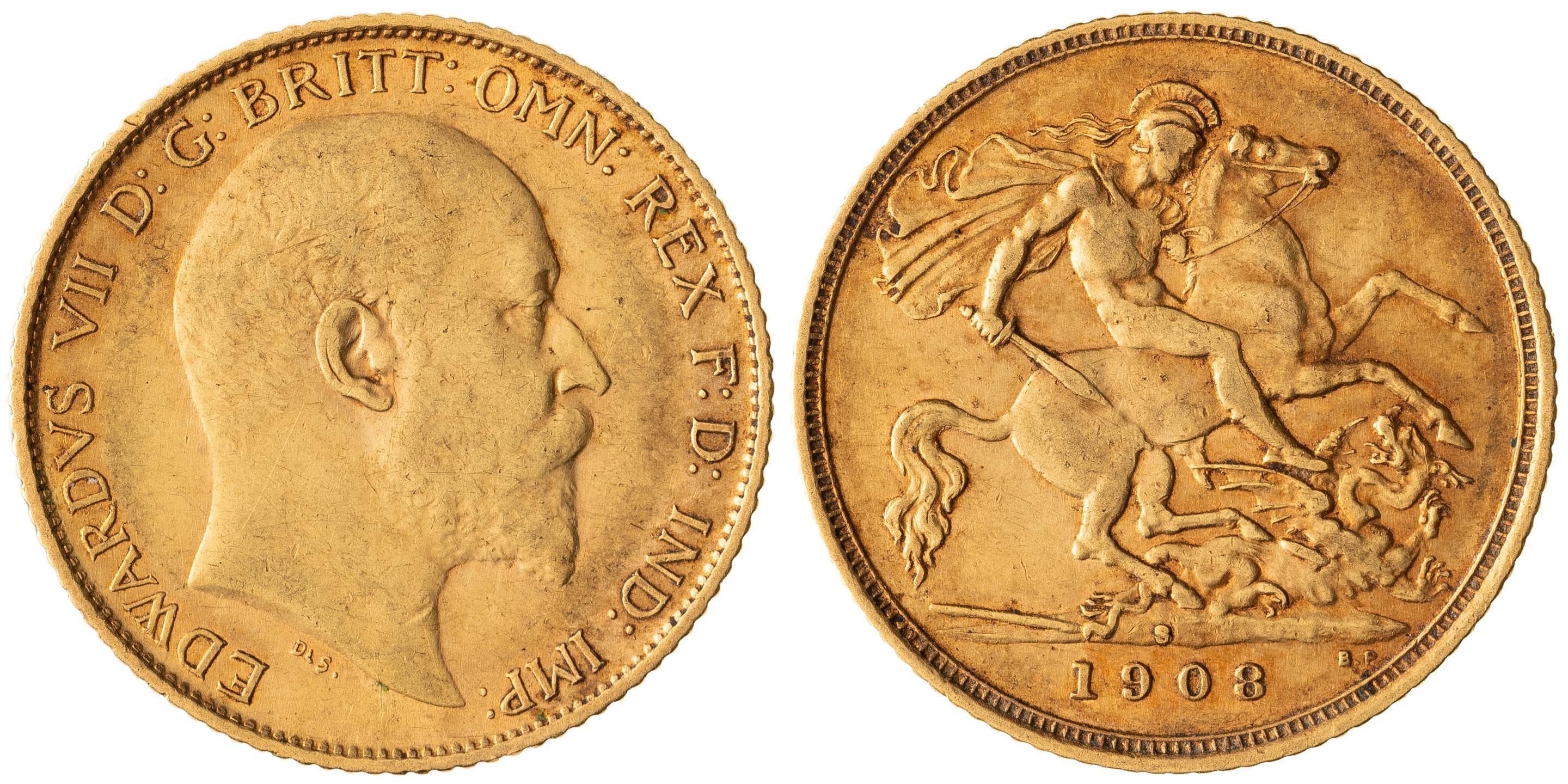 Edward VII, St George Reverse, Half Sovereign, 1908-S, VF