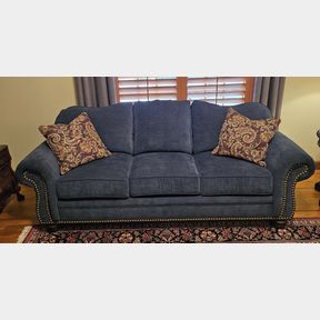 Flexsteel Dark Blue Rolled Arm Sofa with Nailhead Trim