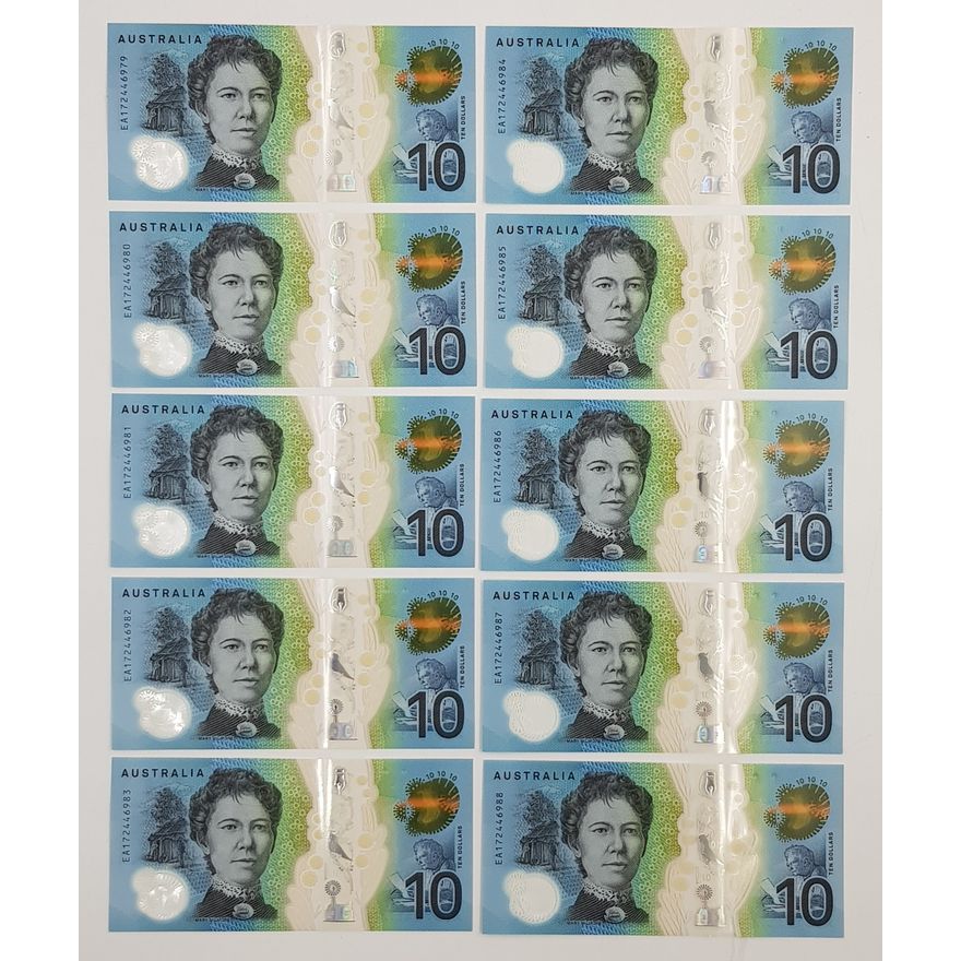 LAST PREFIX - Consec. Wattle Series L/F $10 Notes (x10)
