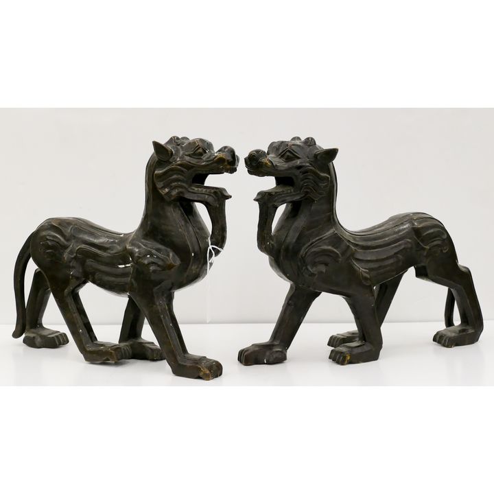 Pair Asian Style Art Deco Bronze Lion Sculptures 12''x15''