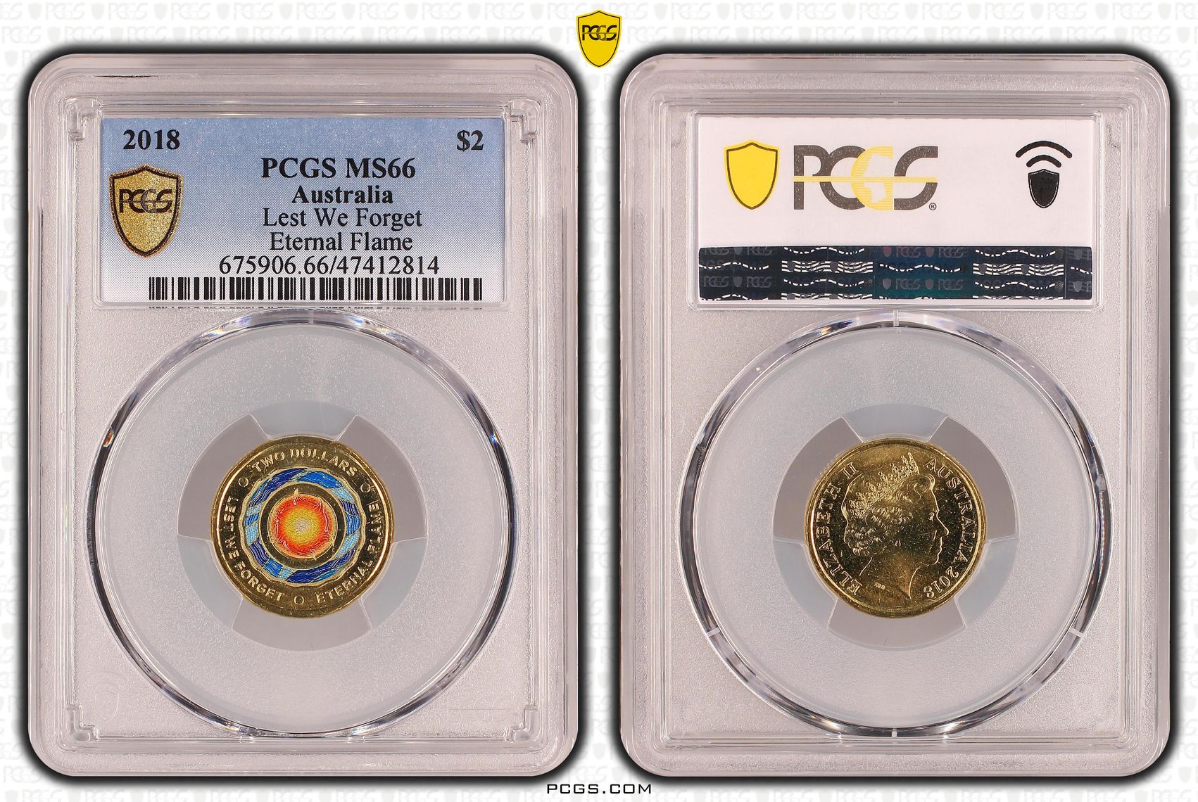 463 · Elizabeth II, Lest We Forget - Eternal Flame Colorized , Two Dollar, 2018, PCGS MS66