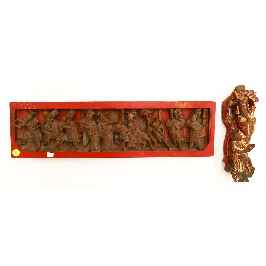 2pc Chinese Qing Lacquered Temple Panels- 10-21'' (LL)